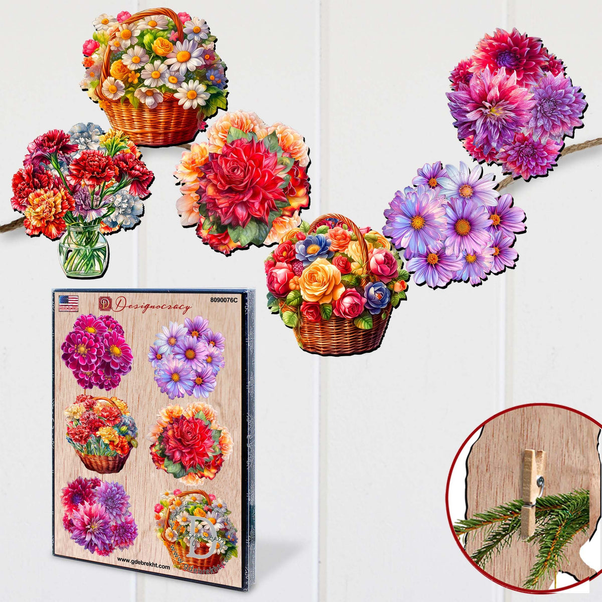 Flowers Clip-On Eco Wood Decorative Ornaments Set of 6 by G. Debrekht - Love Family Décor - 8090076C-S6