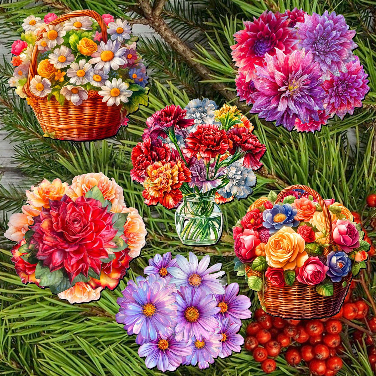 Flowers Clip-On Eco Wood Decorative Ornaments Set of 6 by G. Debrekht - Love Family Décor - 8090076C-S6