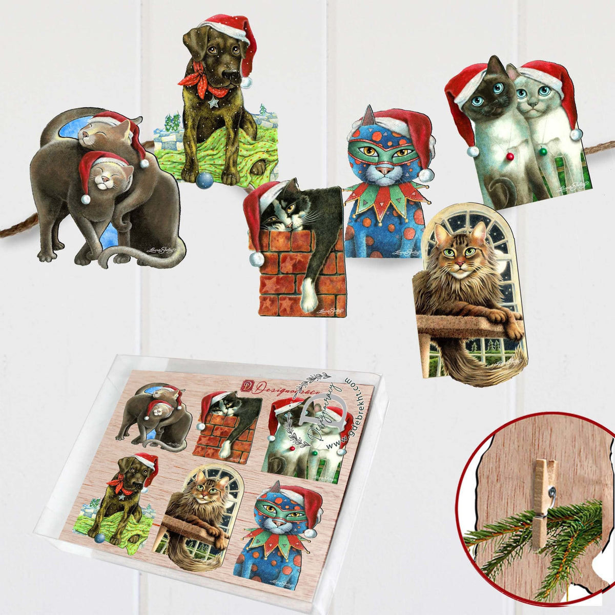 Dog and Cats Clip-On Eco Wood Decorative Ornaments Set of 6 by L. Seeley  - Pets Dog and Cat Décor - 8090139C-S6