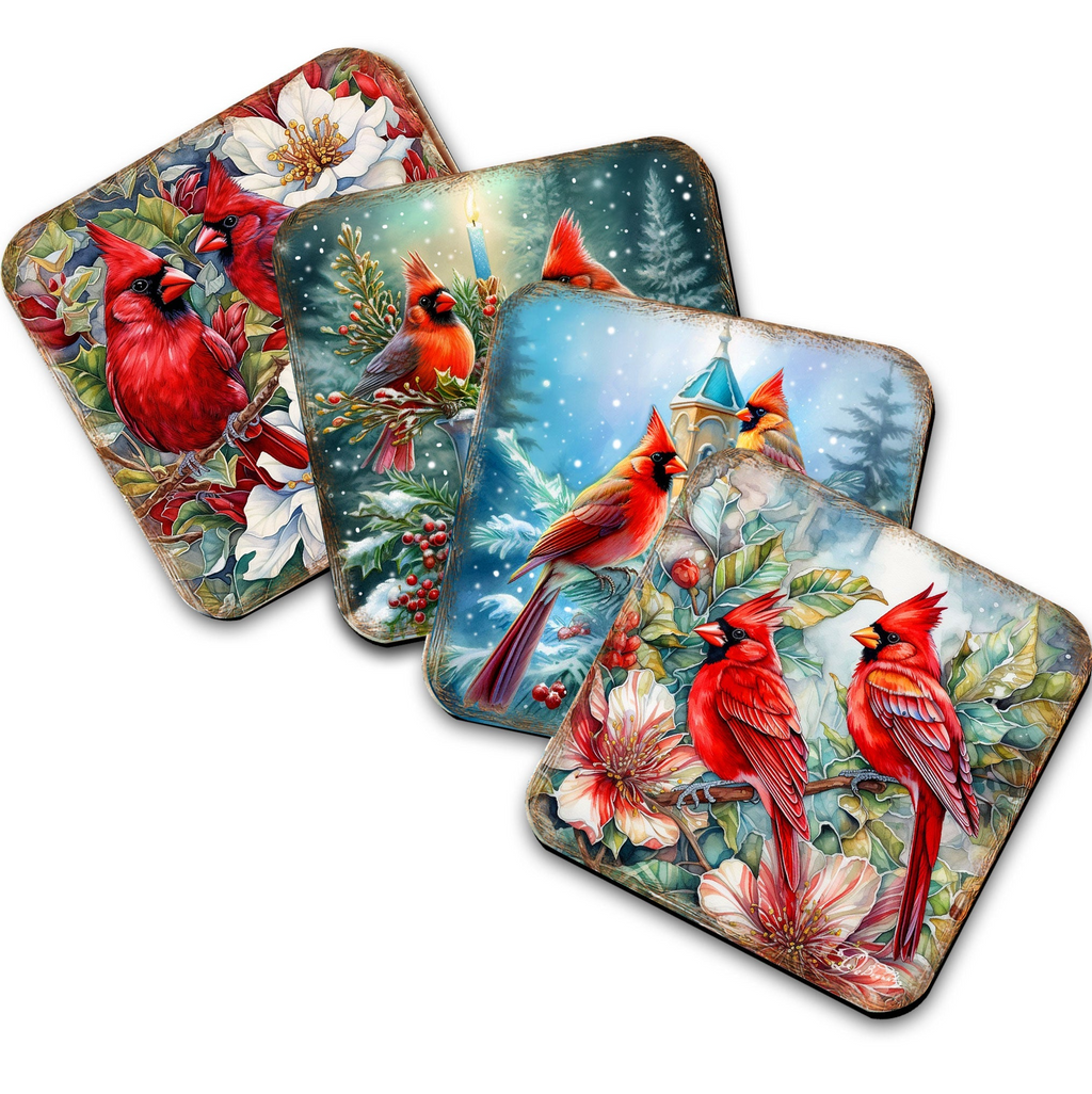 Red Cardinals Wooden Cork Coasters Gift Set of 4 by G. Debrekht - Wildlife Decor  - 8199452C-S4