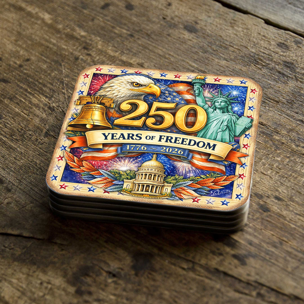 250 Years of Freedom Patriotic Coaster Set – USA Eagle Wooden Drink Coasters Set of 4  - 8199476C-S4
