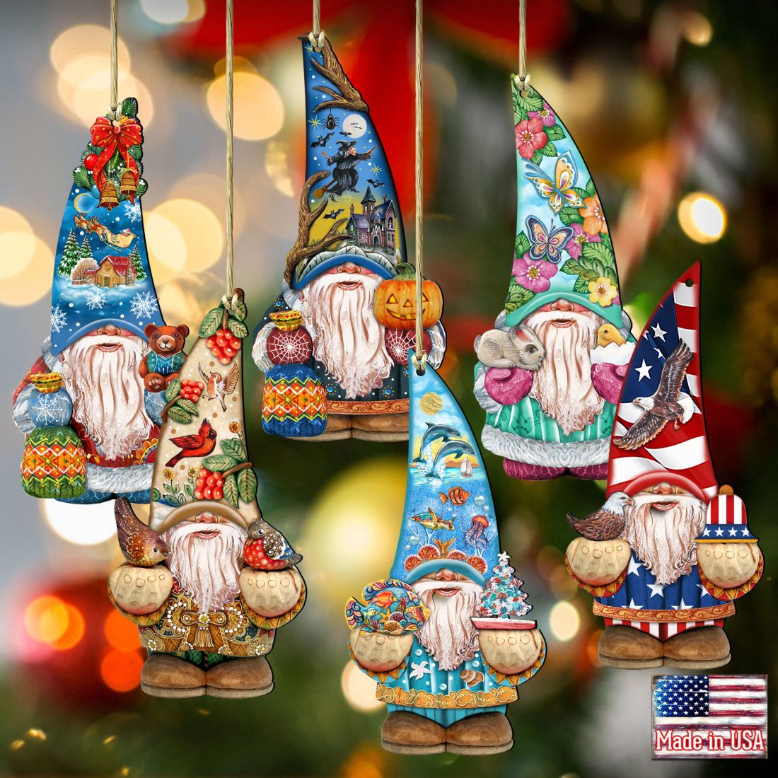 Gnome Friends Wooden Ornaments Set of 6 by G. DeBrekht - Christmas Santa Snowman Decor - 8611010-S6