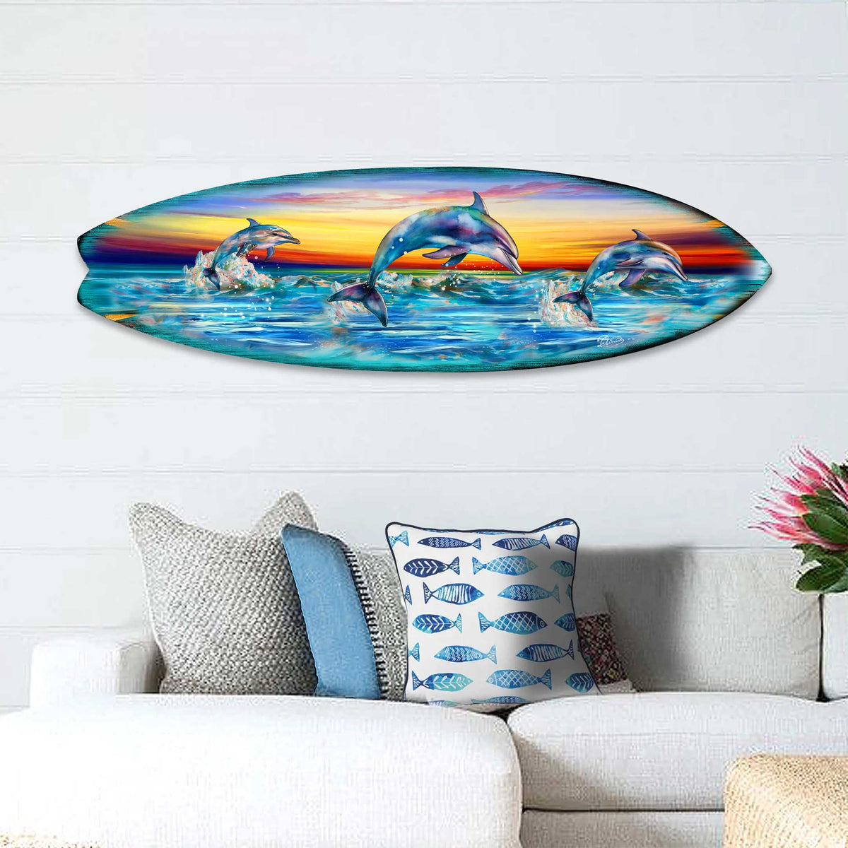 Dolphin's Dance Surfboard Coastal Wall Art by G. DeBrekht - Coastal Holiday Decor - 8490122HS