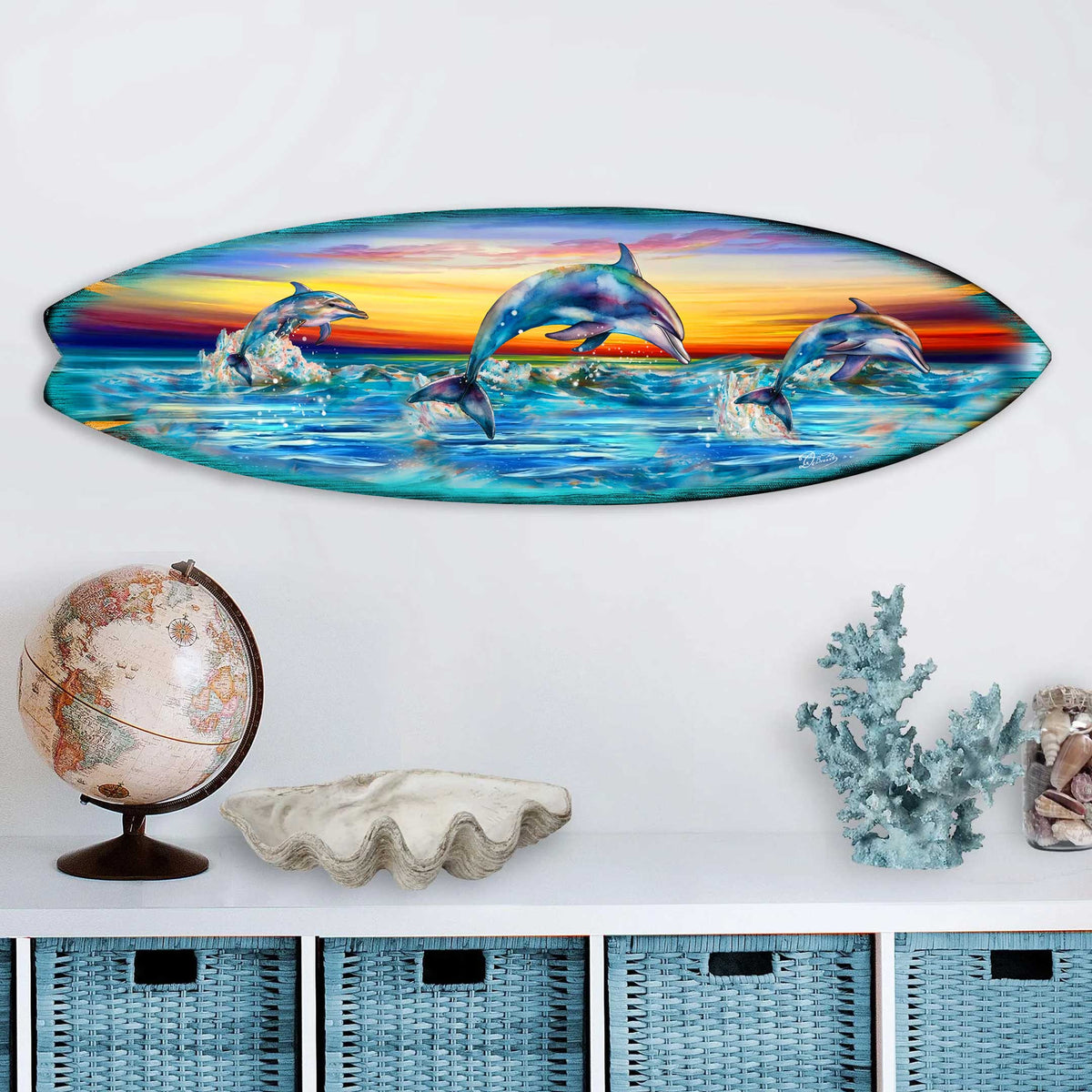 Dolphin's Dance Surfboard Coastal Wall Art by G. DeBrekht - Coastal Holiday Decor - 8490122HS