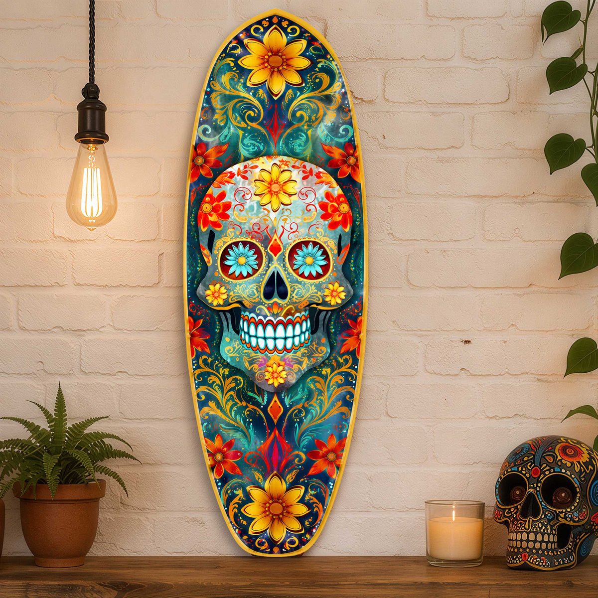 Day of the Dead Skull Surfboard Wall Art - Handcrafted Coastal Wooden Decor by G.DeBrekht – 8490167HS