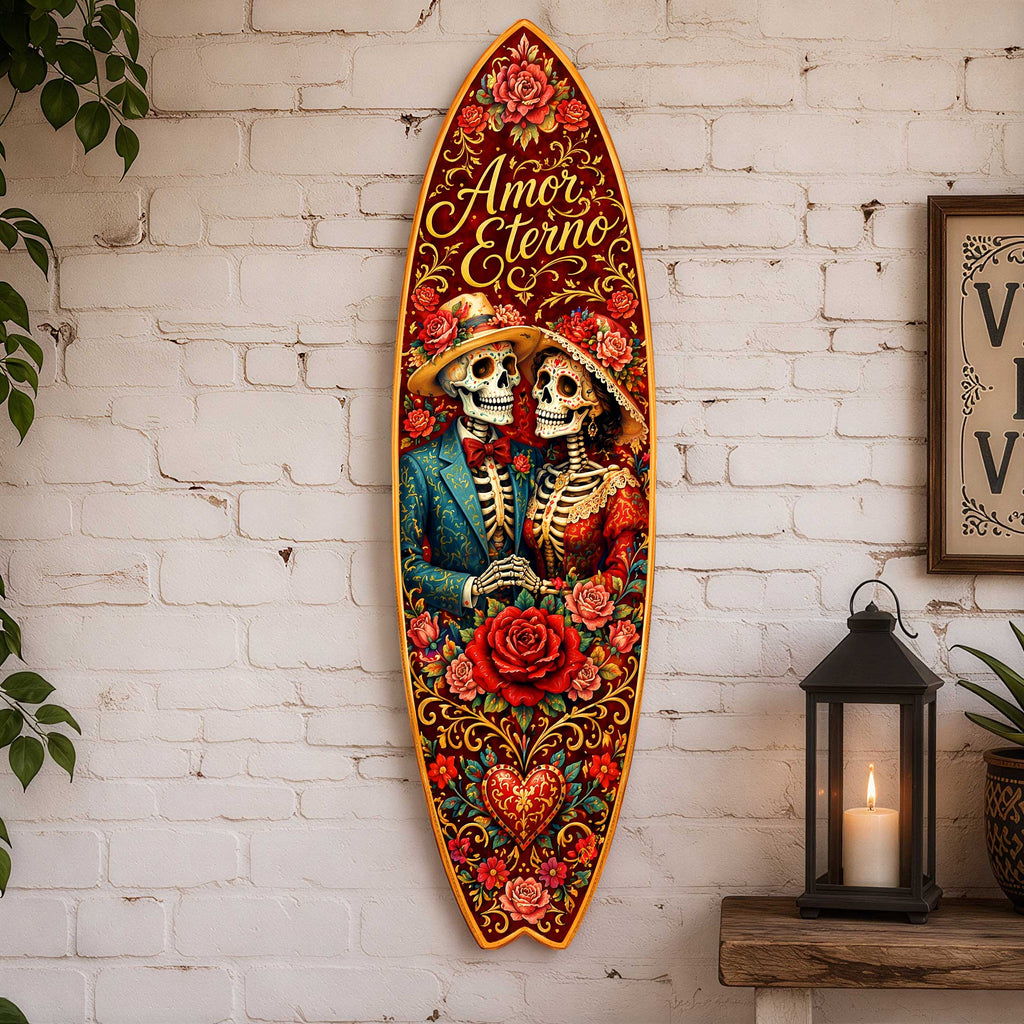 Amor Eterno Sugar Skull Couple Surfboard Wall Art – Day of the Dead Decor - Handcrafted Coastal Wooden Decor by G.DeBrekht – 8490168HS