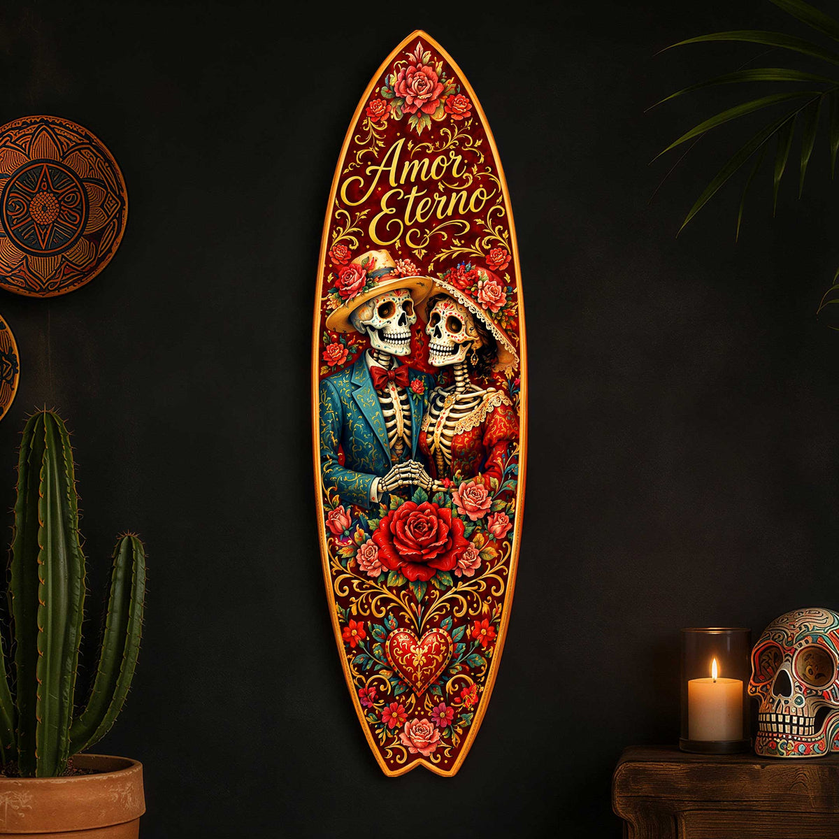 Amor Eterno Sugar Skull Couple Surfboard Wall Art – Day of the Dead Decor - Handcrafted Coastal Wooden Decor by G.DeBrekht – 8490168HS