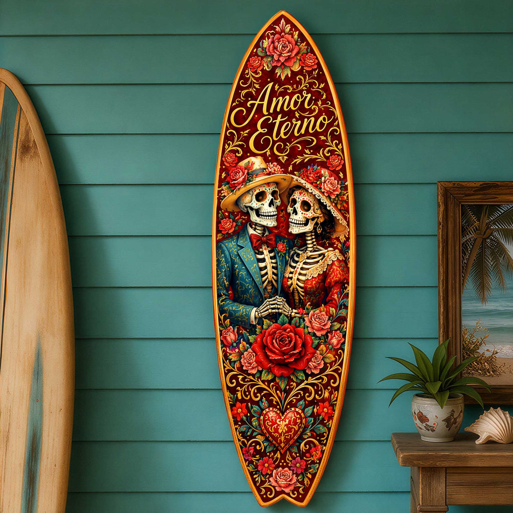 Amor Eterno Sugar Skull Couple Surfboard Wall Art – Day of the Dead Decor - Handcrafted Coastal Wooden Decor by G.DeBrekht – 8490168HS