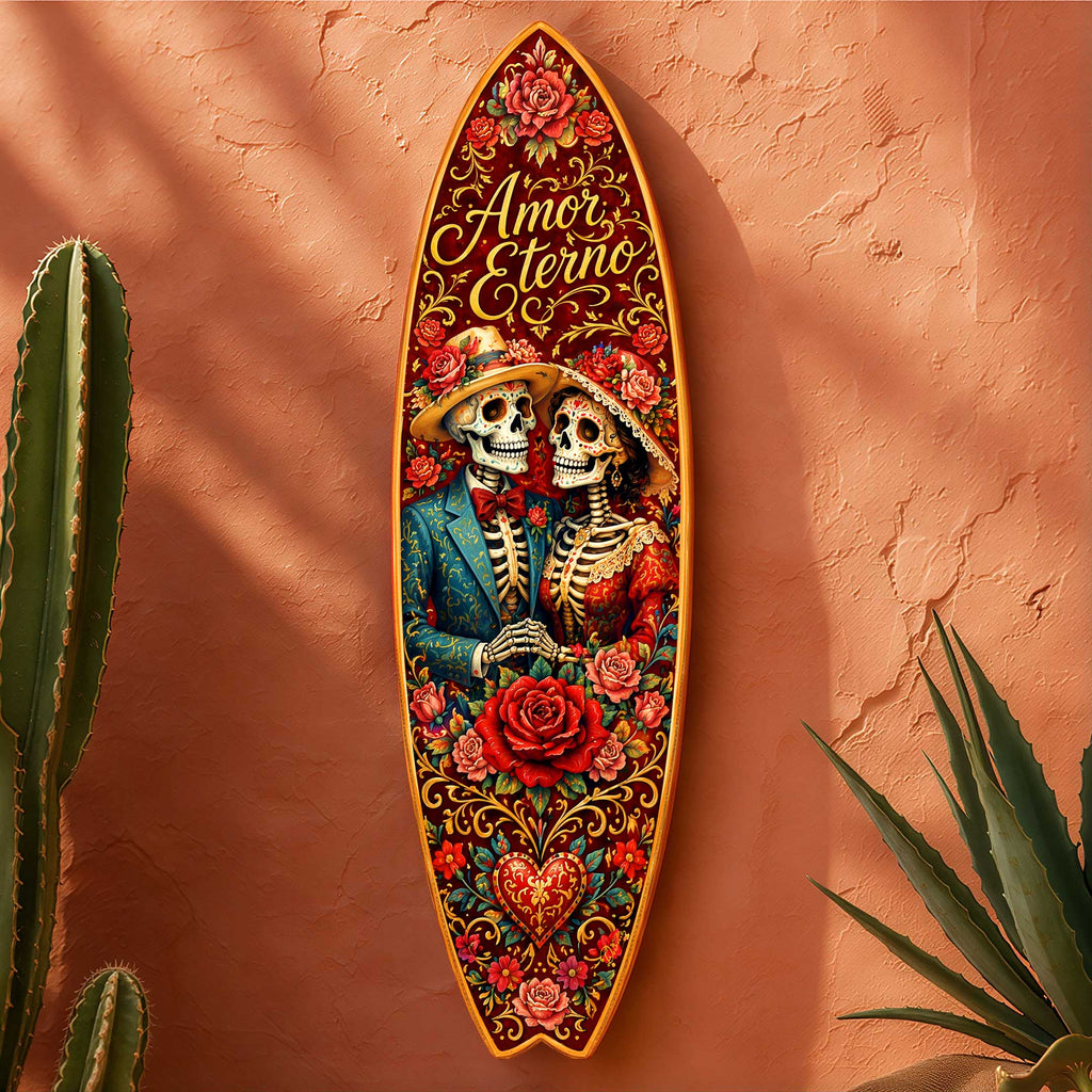Amor Eterno Sugar Skull Couple Surfboard Wall Art – Day of the Dead Decor - Handcrafted Coastal Wooden Decor by G.DeBrekht – 8490168HS