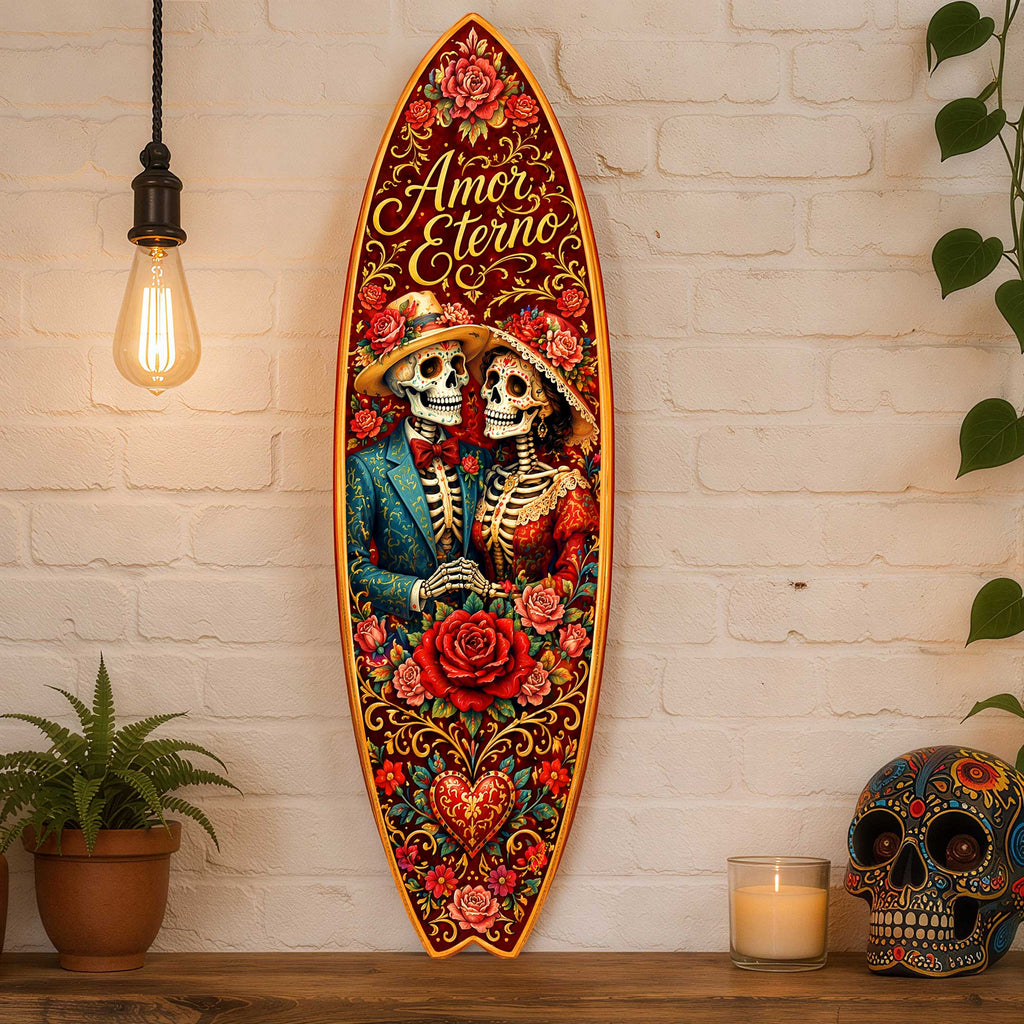 Amor Eterno Sugar Skull Couple Surfboard Wall Art – Day of the Dead Decor - Handcrafted Coastal Wooden Decor by G.DeBrekht – 8490168HS