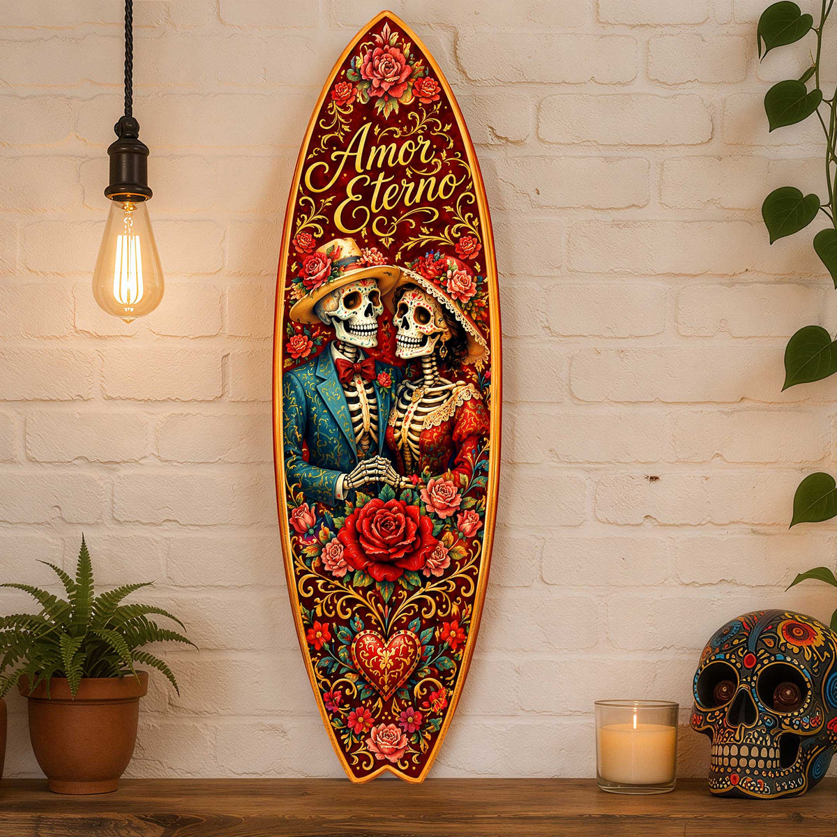 Amor Eterno Sugar Skull Couple Surfboard Wall Art – Day of the Dead Decor - Handcrafted Coastal Wooden Decor by G.DeBrekht – 8490168HS