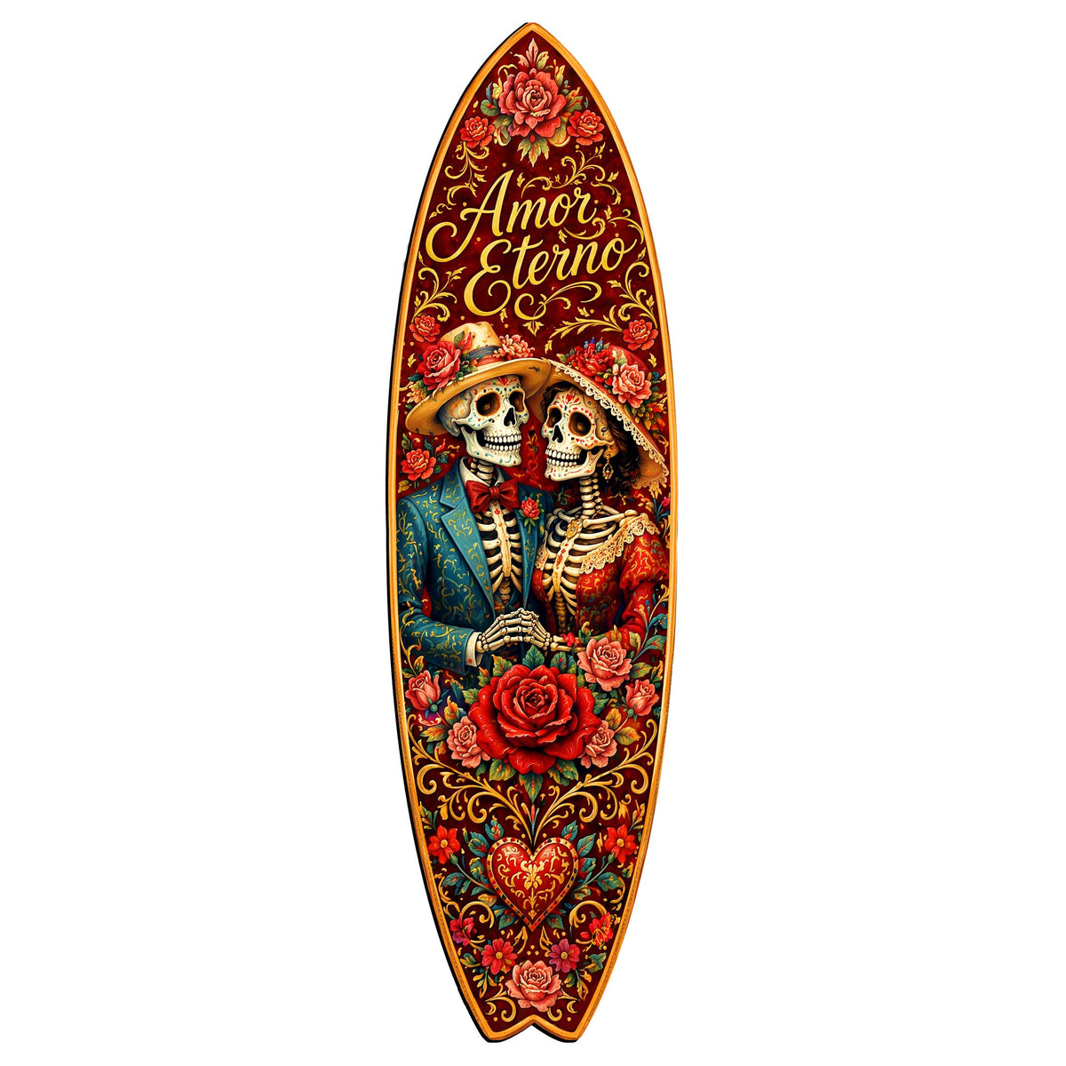 Amor Eterno Sugar Skull Couple Surfboard Wall Art – Day of the Dead Decor - Handcrafted Coastal Wooden Decor by G.DeBrekht – 8490168HS
