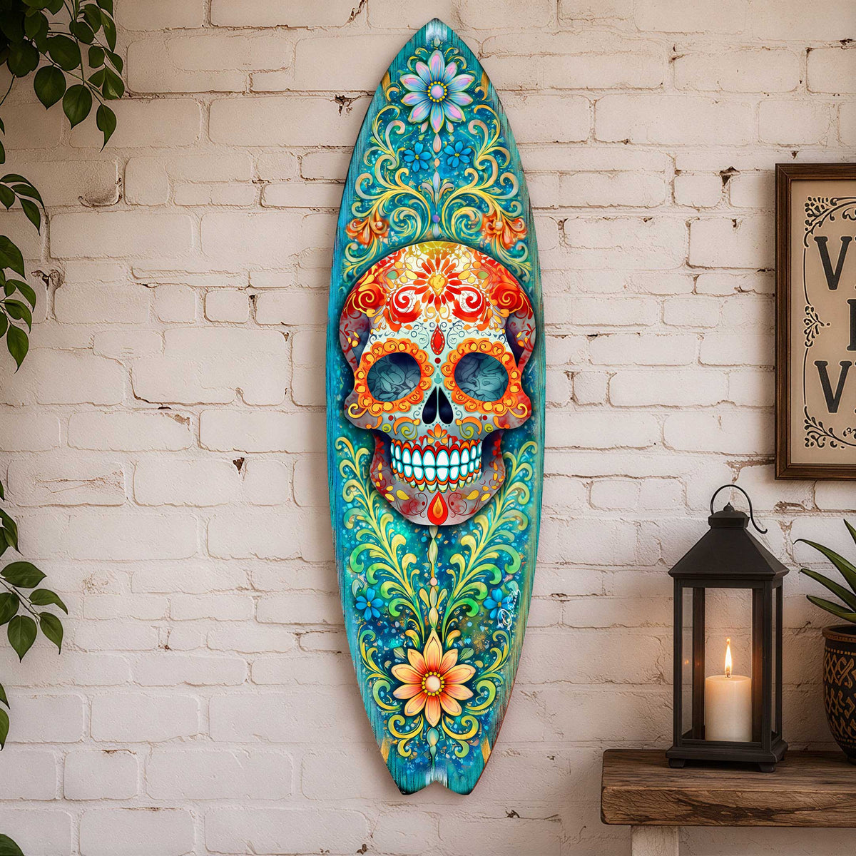 Colorful Sugar Skull Surfboard Wall Art – Day of the Dead Floral Decor - Handcrafted Coastal Wooden Decor by G.DeBrekht – 8490170HS