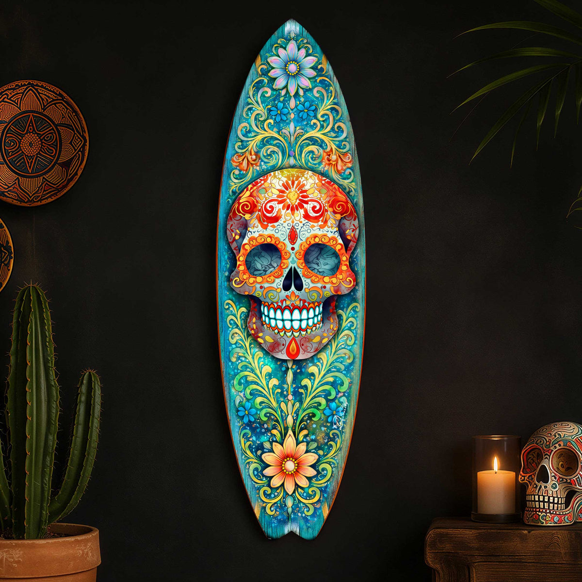 Colorful Sugar Skull Surfboard Wall Art – Day of the Dead Floral Decor - Handcrafted Coastal Wooden Decor by G.DeBrekht – 8490170HS