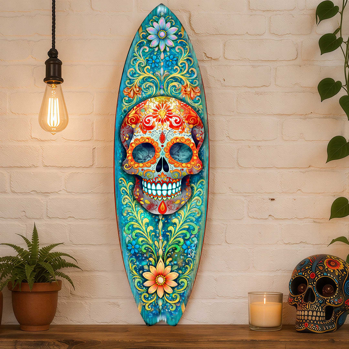 Colorful Sugar Skull Surfboard Wall Art – Day of the Dead Floral Decor - Handcrafted Coastal Wooden Decor by G.DeBrekht – 8490170HS