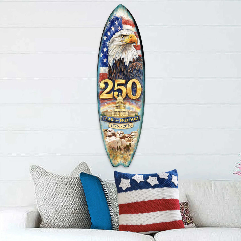 250 Years of Freedom Surfboard Wall Art – Patriotic Home Decor - Handcrafted Coastal Wooden Decor by G.DeBrekht – 8490171HS