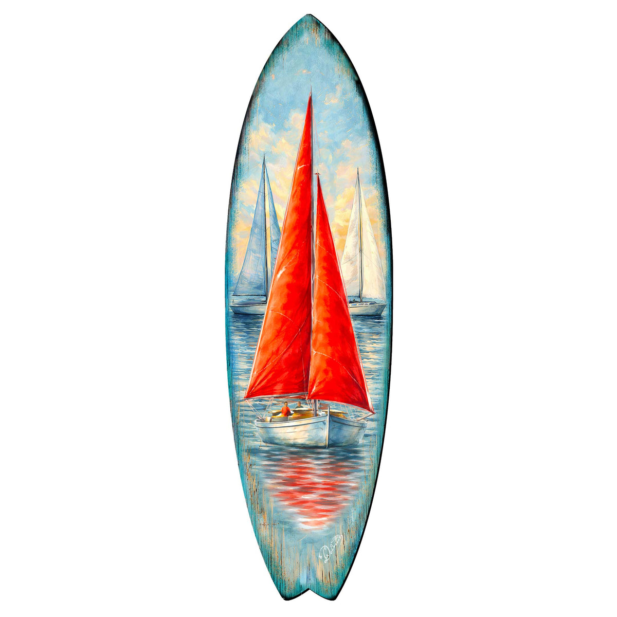 Red Sailboat Surfboard Wall Art – Coastal Nautical Boat Decor - Handcrafted Coastal Wooden Decor by G.DeBrekht – 8490172HS