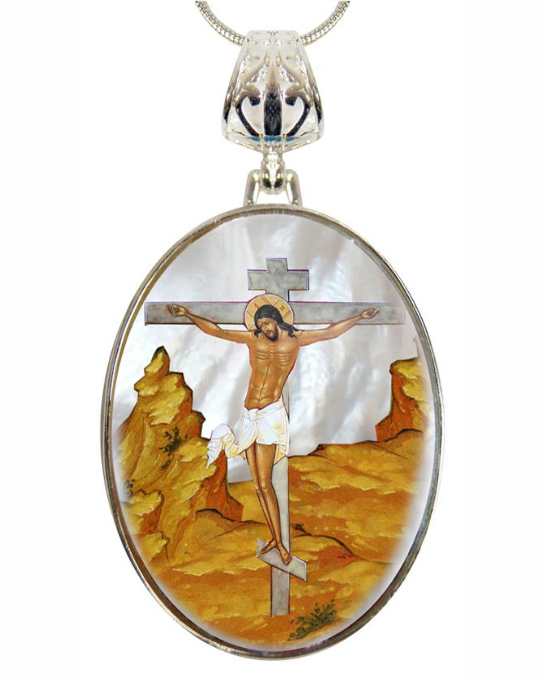 Crucifixion Silver Plated Mother of Pearl Jewelry Necklace - 43058
