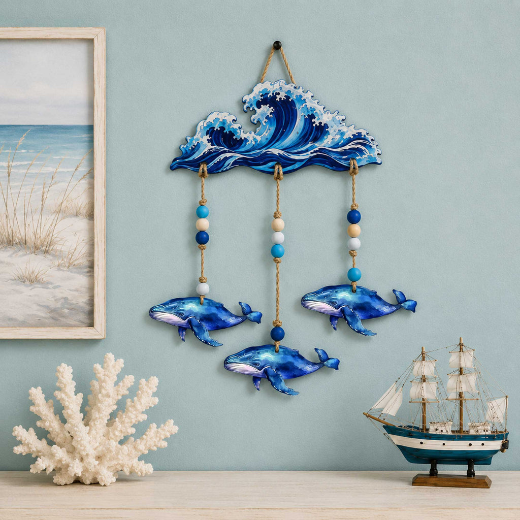 Coastal Whale Wall Hanging - Nautical Wooden Garland – Ocean-Themed Wall Decor - 862101-S4