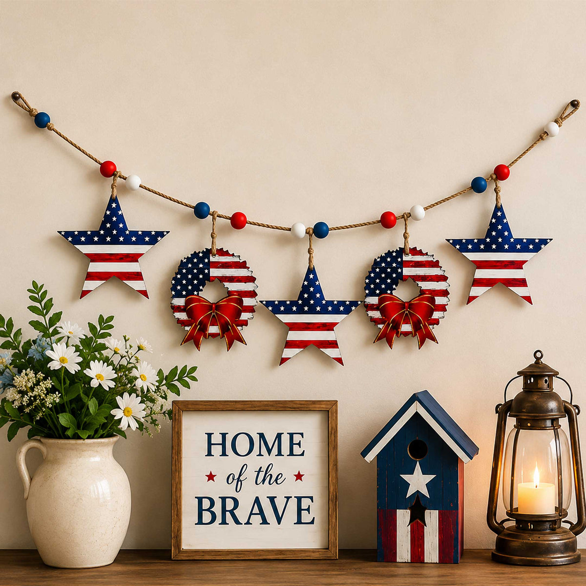 Patriotic Wooden Garland – Stars & Wreaths Americana Wall Decor - 862102-S5