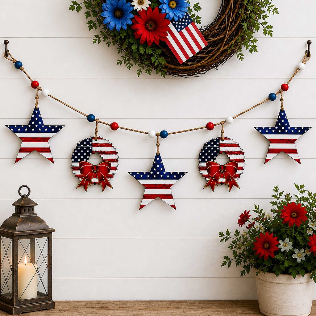 Patriotic Wooden Garland – Stars & Wreaths Americana Wall Decor - 862102-S5