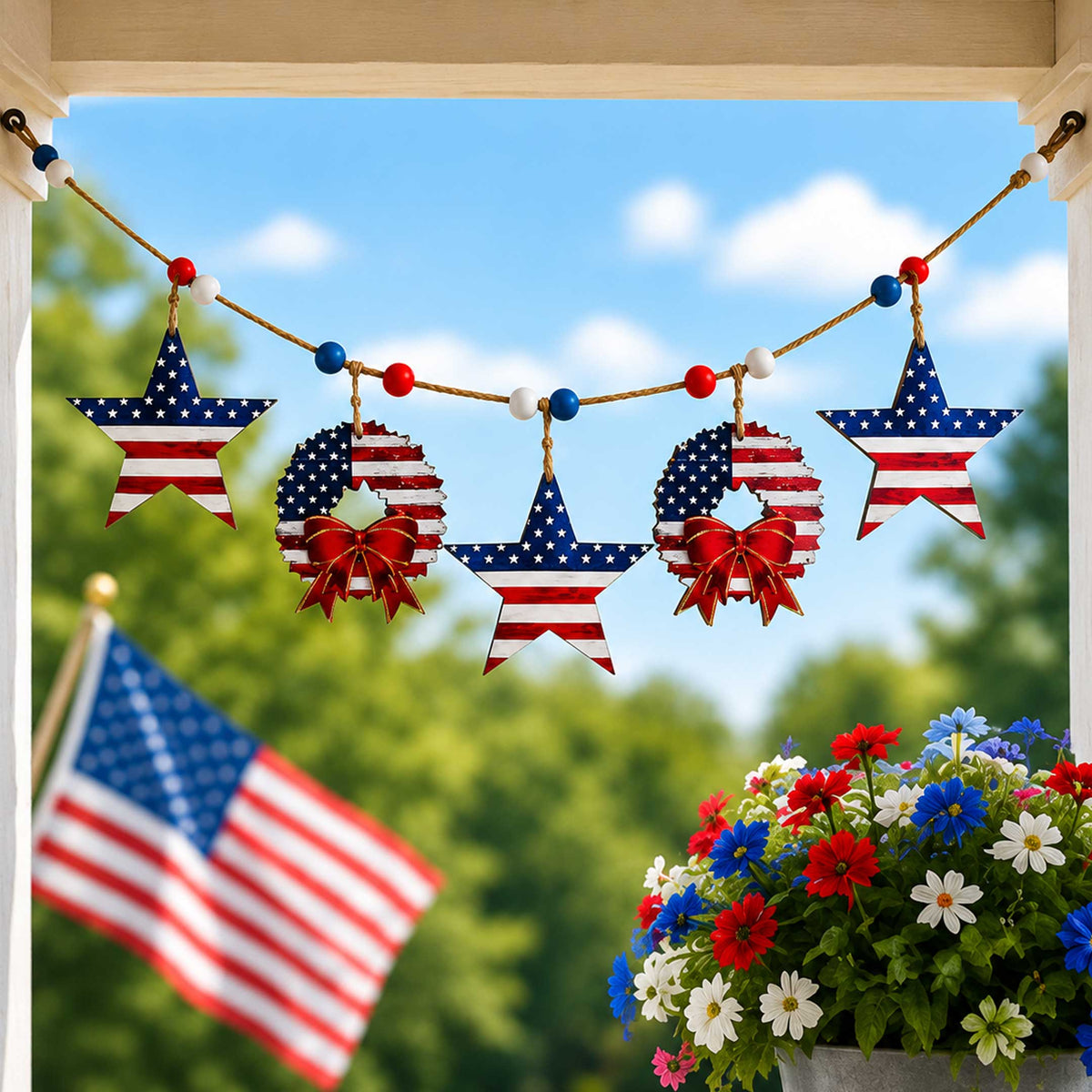Patriotic Wooden Garland – Stars & Wreaths Americana Wall Decor - 862102-S5