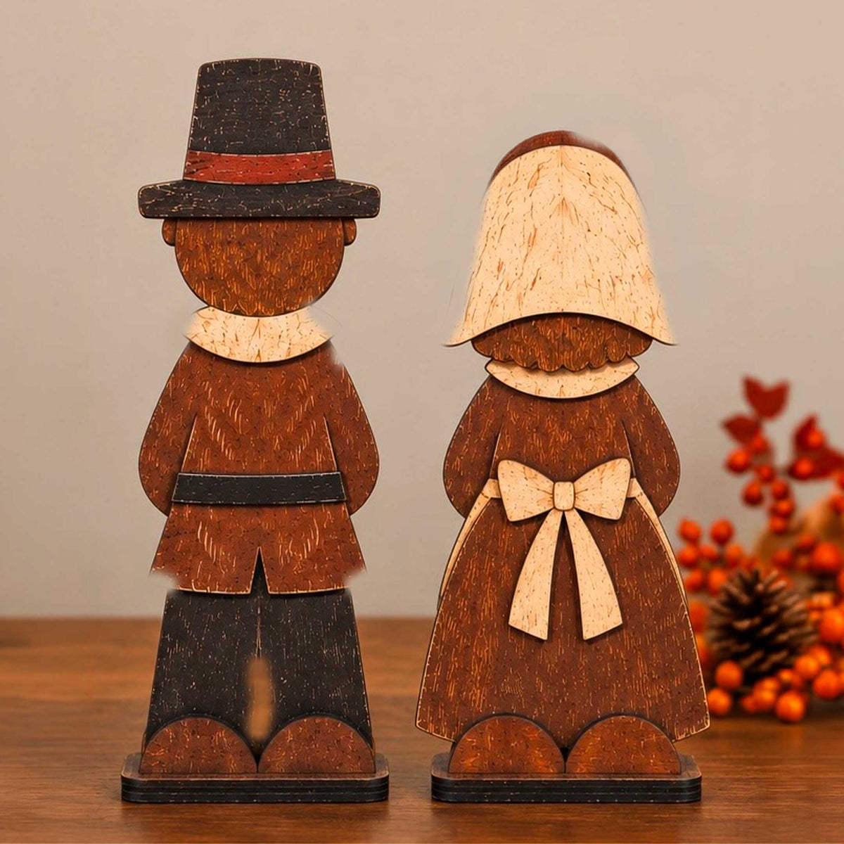 Thanksgiving Pilgrim Couple and Turkey Wooden Tabletop Decoration Set of 3 – Harvest Fall Décor by G. Debrekht - 862112-OP-S3