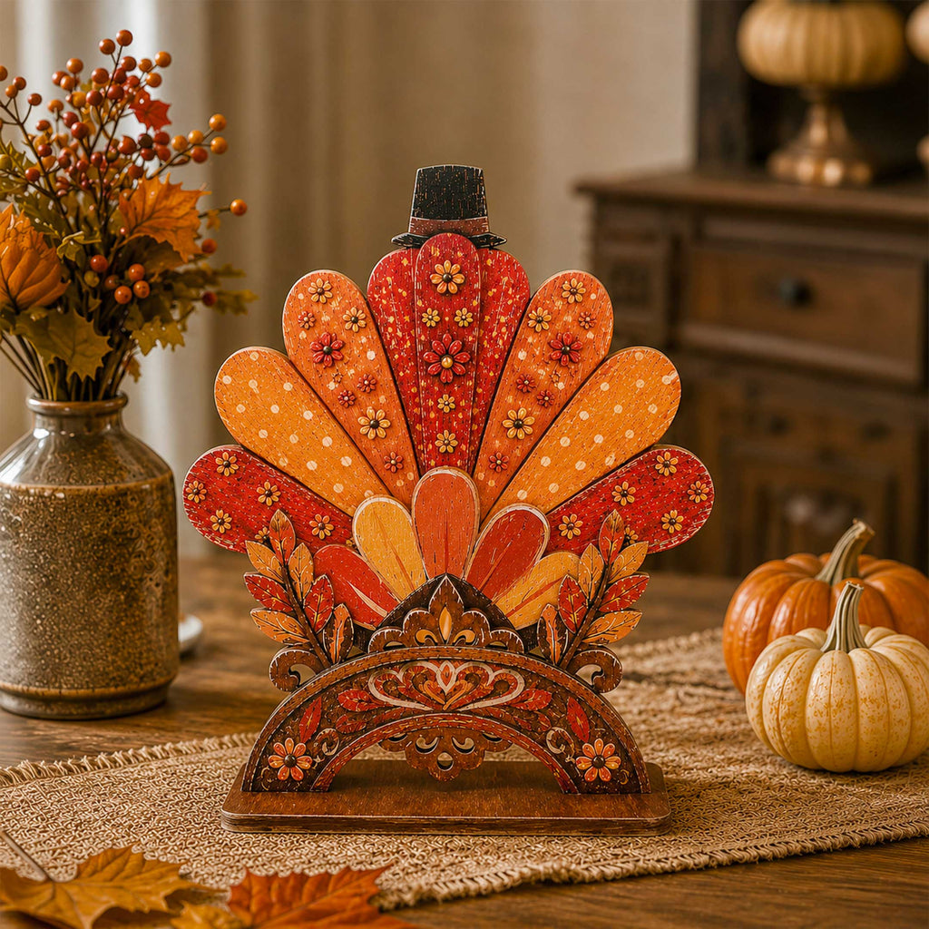 Thanksgiving Pilgrim Couple and Turkey Wooden Tabletop Decoration Set of 3 – Harvest Fall Décor by G. Debrekht - 862112-OP-S3