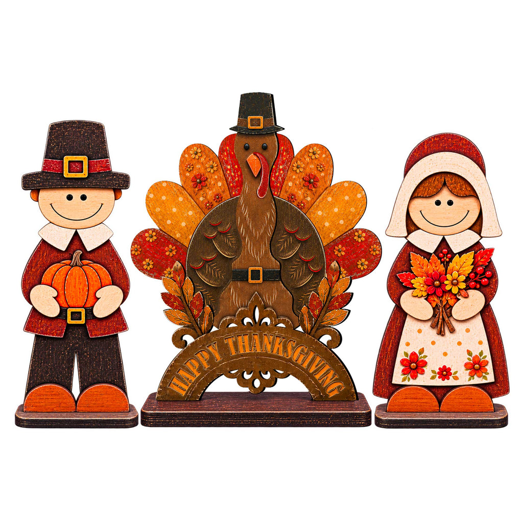 Thanksgiving Pilgrim Couple and Turkey Wooden Tabletop Decoration Set of 3 – Harvest Fall Décor by G. Debrekht - 862112-OP-S3