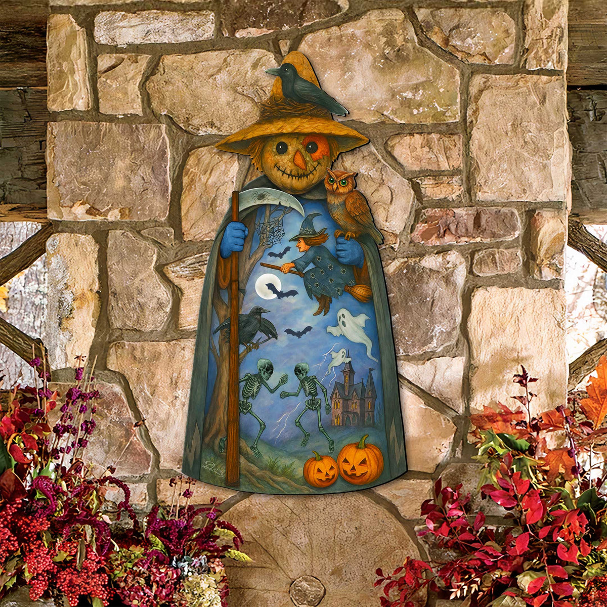 Halloween Scarecrow Door Hanger – Handcrafted Wooden Door Décor by G. DeBrekht – 8652835H