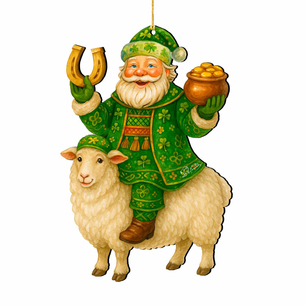 Wooden Irish Santa Ornament – Shamrock Santa on Sheep with Pot of Gold by G. DeBrekht - Christmas Santa Snowman Decor – 8652843