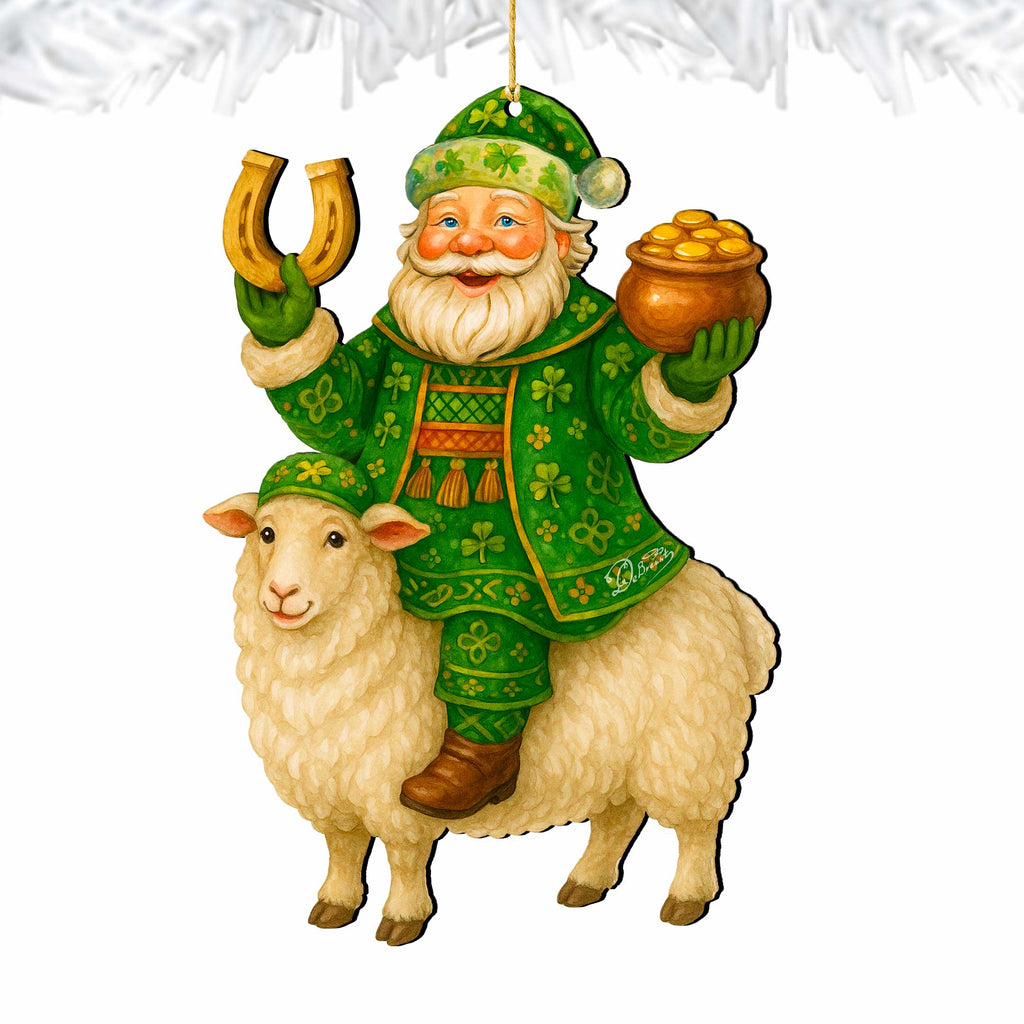 Wooden Irish Santa Ornament – Shamrock Santa on Sheep with Pot of Gold by G. DeBrekht - Christmas Santa Snowman Decor – 8652843