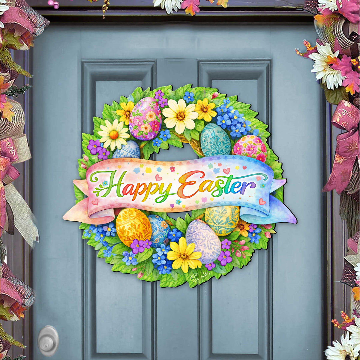 Happy Easter Floral Wreath Door Hanger – Handcrafted Wooden Spring Door Décor by G. Debrekht - 8652867H