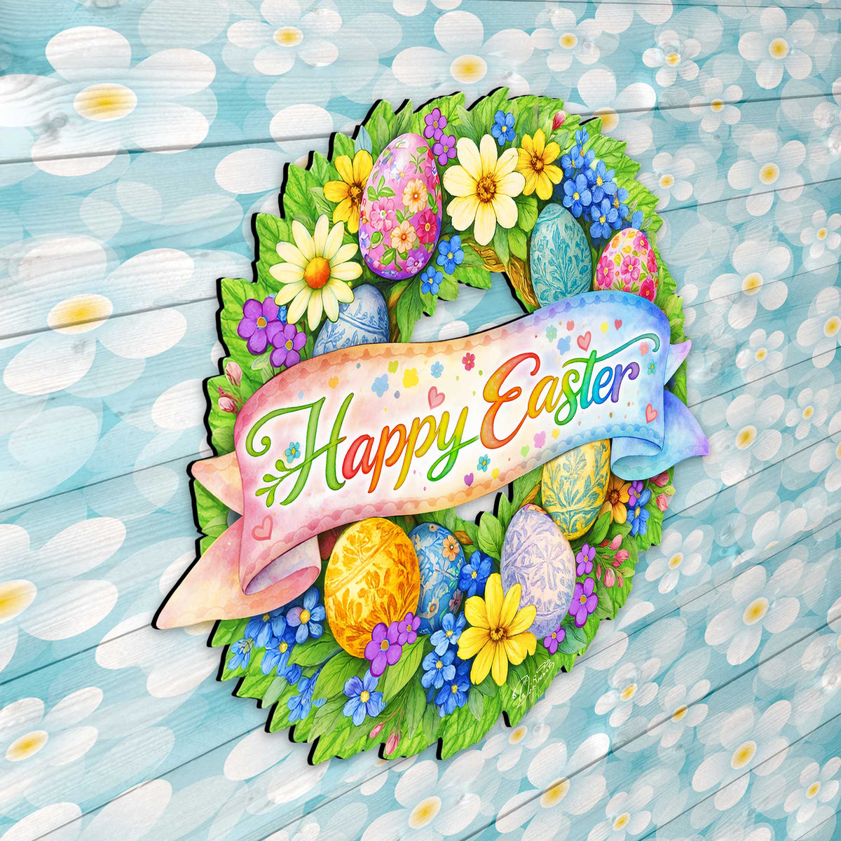 Happy Easter Floral Wreath Door Hanger – Handcrafted Wooden Spring Door Décor by G. Debrekht - 8652867H