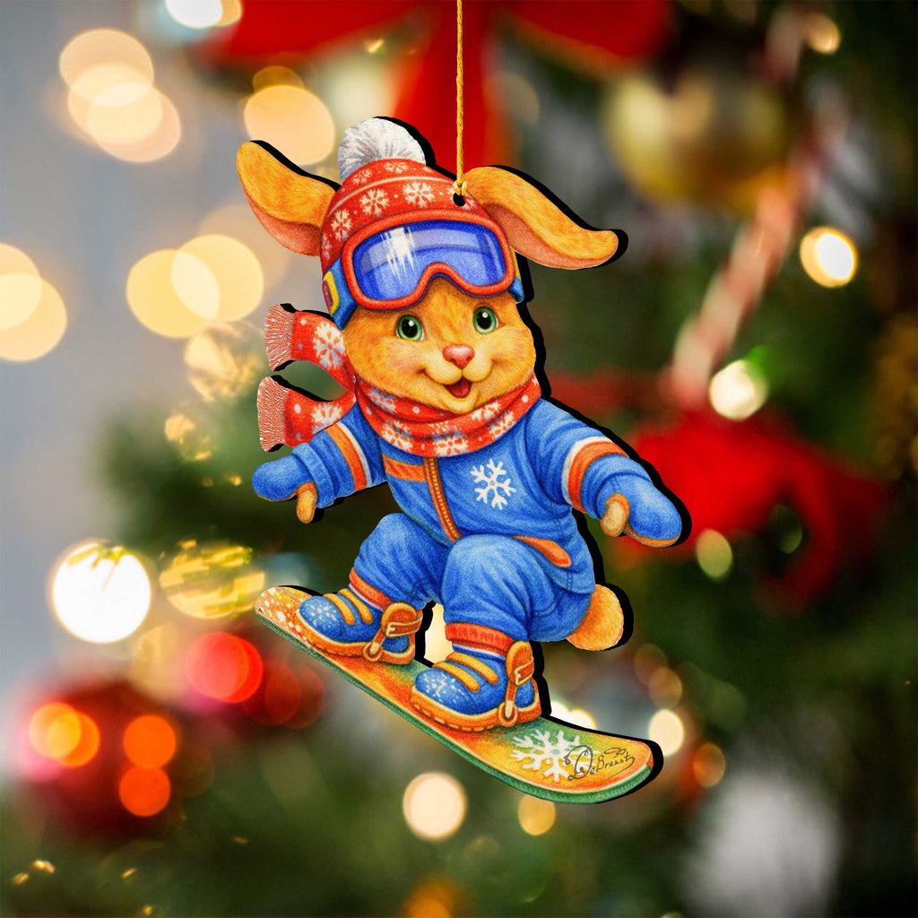 Snowboarding Bunny Wooden Ornament – Winter Sports Christmas Tree Decoration – Handcrafted Wooden Easter Décor by G. Debrekht - 8652868