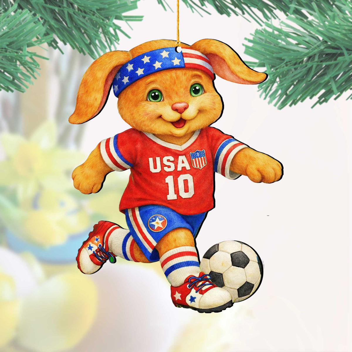 Patriotic Soccer Bunny Wooden Ornament – USA Sports Easter Bunny Decoration – Handcrafted Wooden Easter Décor by G. Debrekht - 8652870