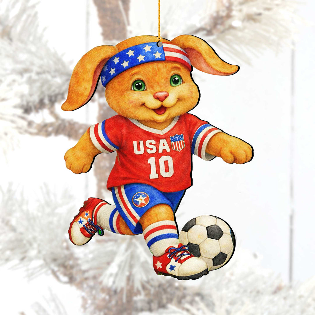 Patriotic Soccer Bunny Wooden Ornament – USA Sports Easter Bunny Decoration – Handcrafted Wooden Easter Décor by G. Debrekht - 8652870