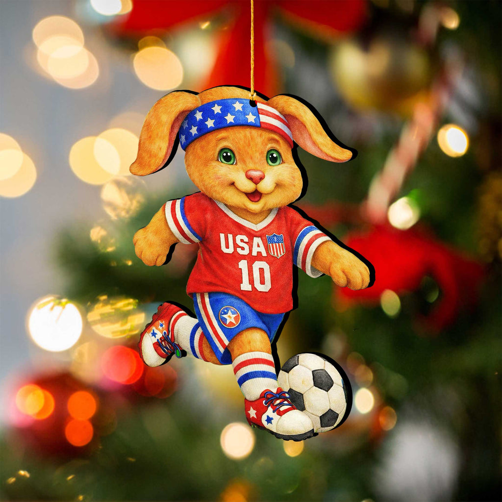 Patriotic Soccer Bunny Wooden Ornament – USA Sports Easter Bunny Decoration – Handcrafted Wooden Easter Décor by G. Debrekht - 8652870