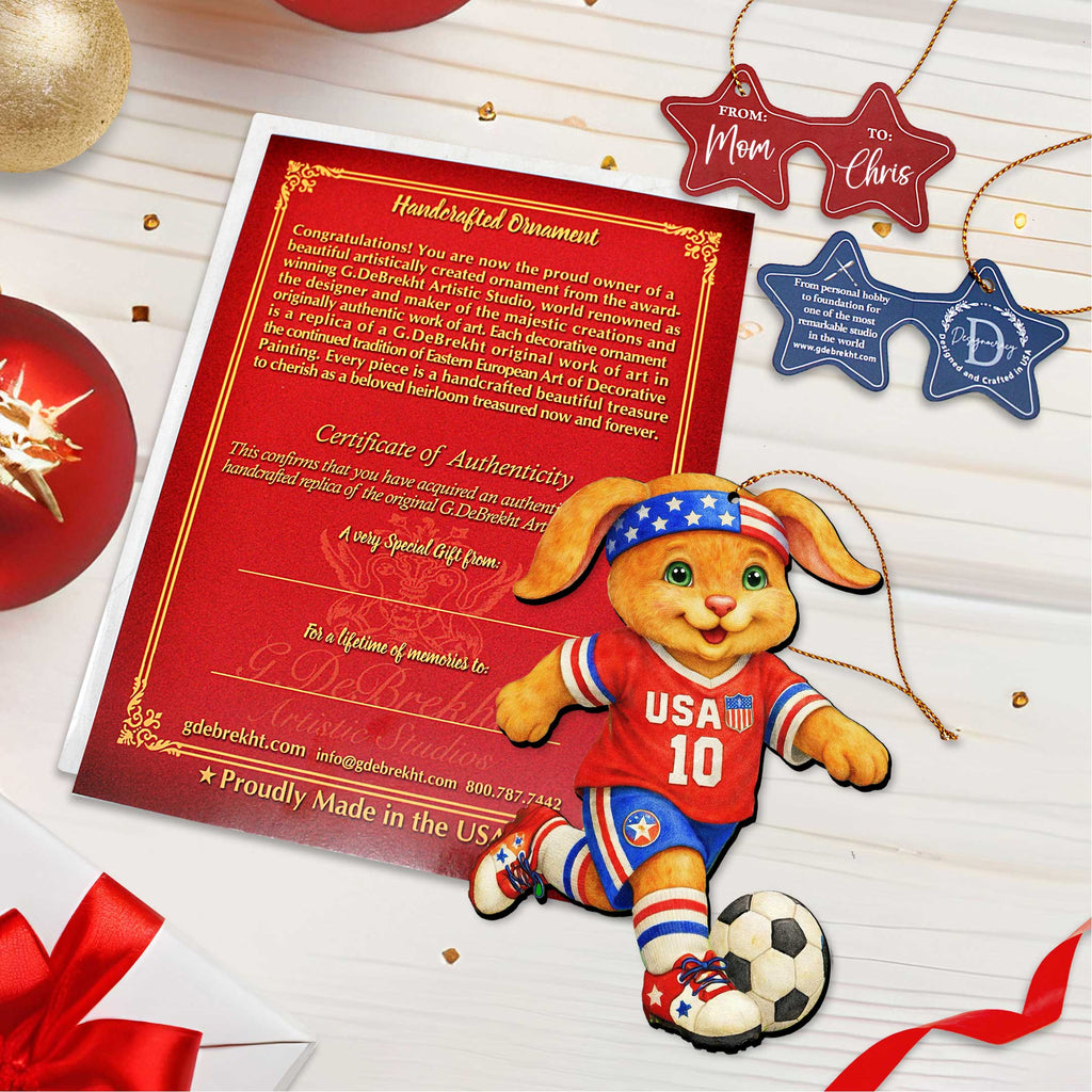 Patriotic Soccer Bunny Wooden Ornament – USA Sports Easter Bunny Decoration – Handcrafted Wooden Easter Décor by G. Debrekht - 8652870