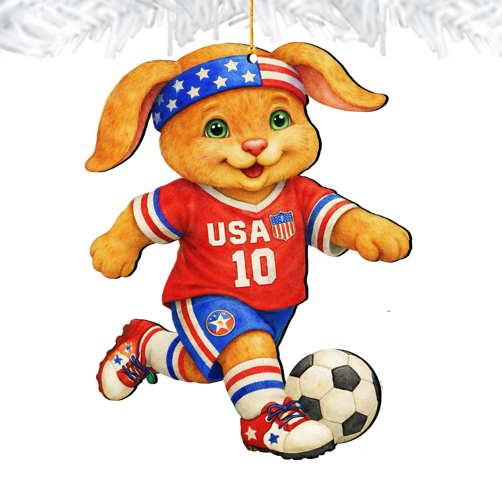Patriotic Soccer Bunny Wooden Ornament – USA Sports Easter Bunny Decoration – Handcrafted Wooden Easter Décor by G. Debrekht - 8652870