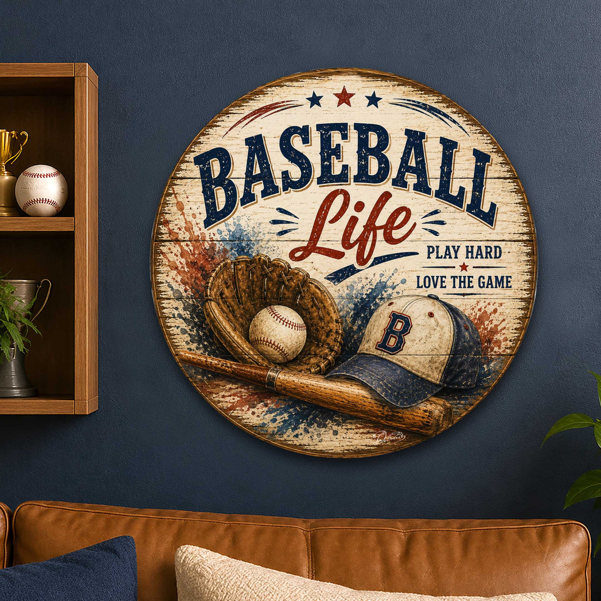 Baseball Life Wall Decor – Rustic Baseball Sports Sign – 19x19 Round Wall Art by G.Debrekht - 8652878H