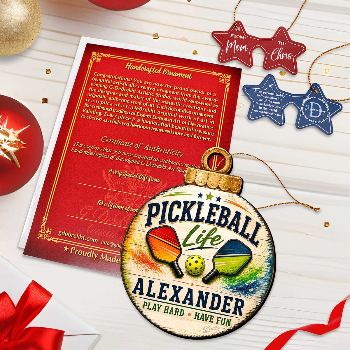 Personalized Pickleball Ornament – Custom Pickleball Christmas Ornament – Rustic Sports Tree Decor by G. Debrekht - 8652879