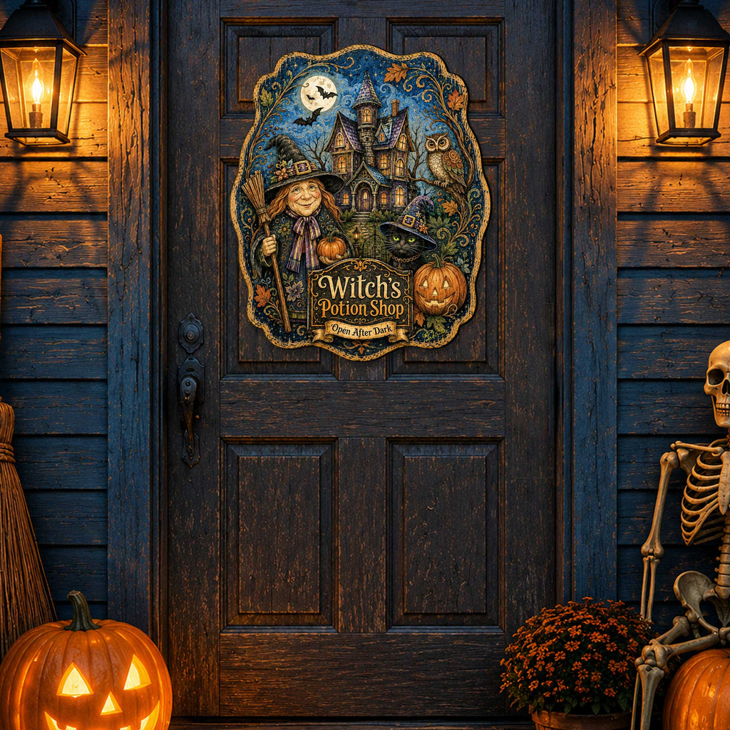 Witch’s Potion Shop Halloween Wooden Door Hanger – Handcrafted Wooden Fall Door Décor by G. Debrekht - 8652892