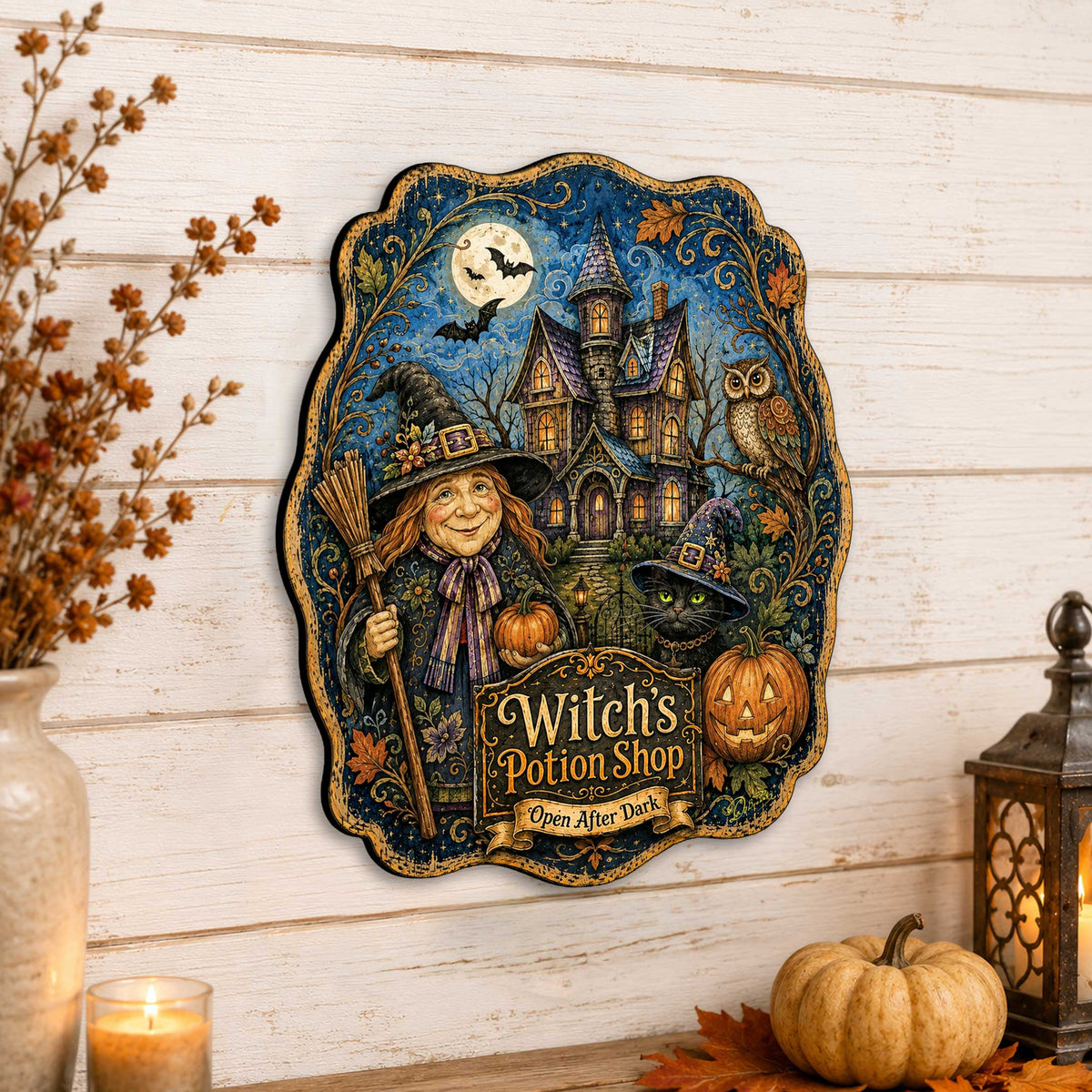Witch’s Potion Shop Halloween Wooden Door Hanger – Handcrafted Wooden Fall Door Décor by G. Debrekht - 8652892