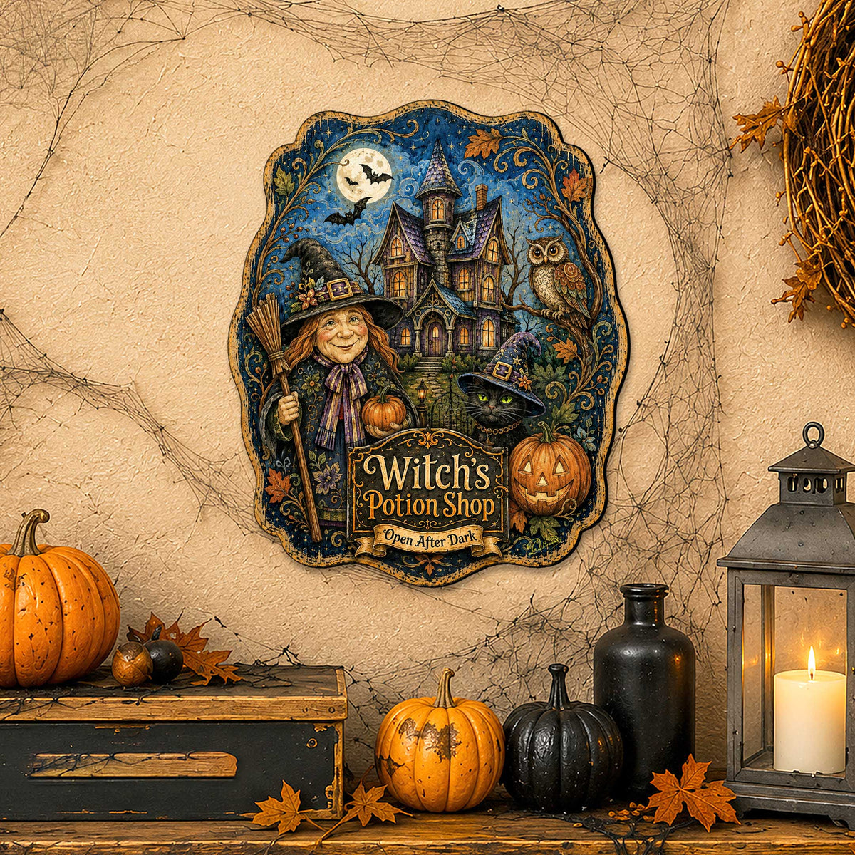 Witch’s Potion Shop Halloween Wooden Door Hanger – Handcrafted Wooden Fall Door Décor by G. Debrekht - 8652892