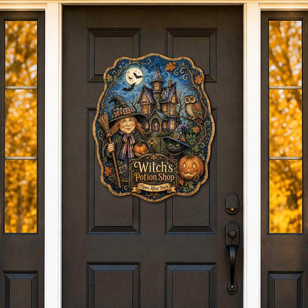 Witch’s Potion Shop Halloween Wooden Door Hanger – Handcrafted Wooden Fall Door Décor by G. Debrekht - 8652892