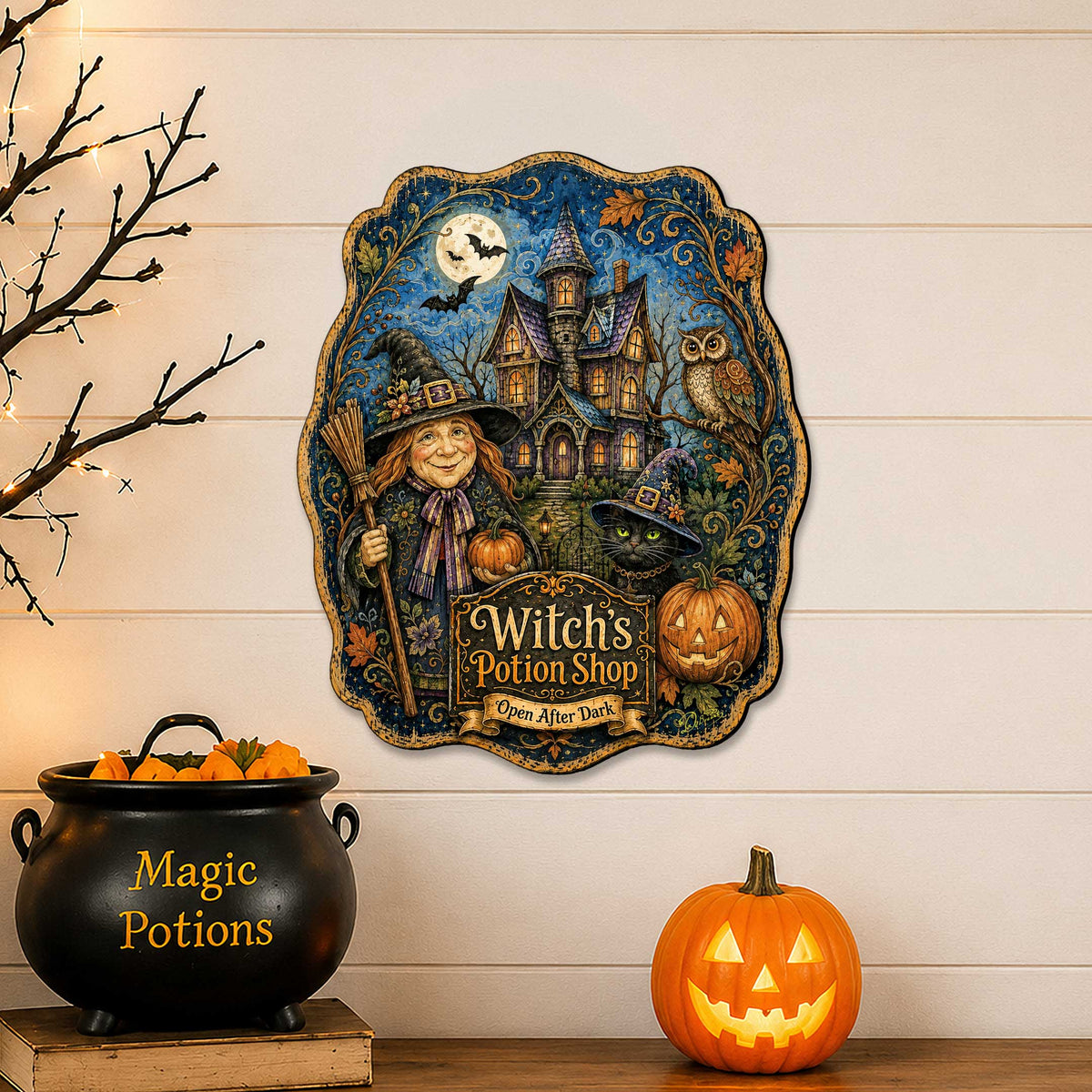 Witch’s Potion Shop Halloween Wooden Door Hanger – Handcrafted Wooden Fall Door Décor by G. Debrekht - 8652892