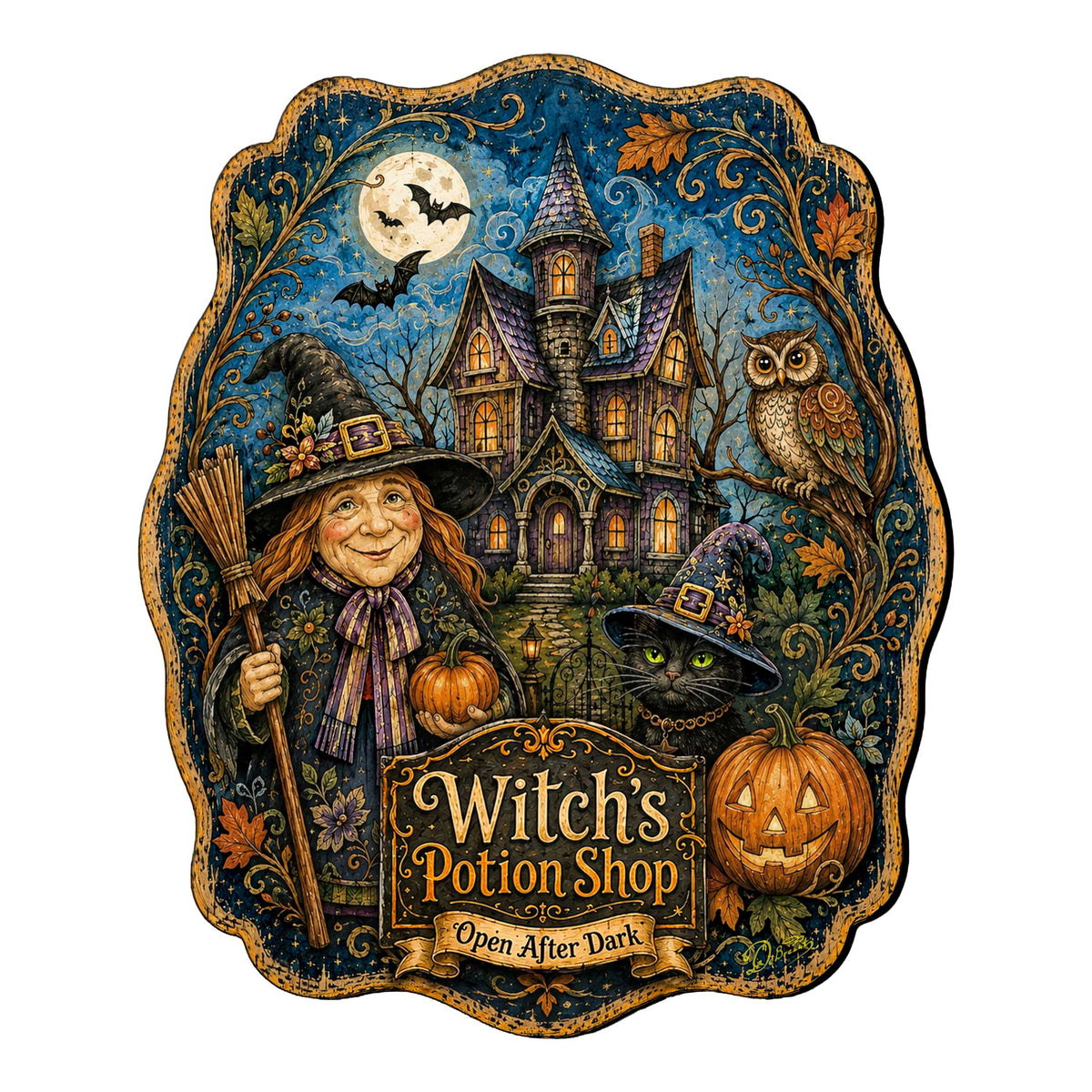 Witch’s Potion Shop Halloween Wooden Door Hanger – Handcrafted Wooden Fall Door Décor by G. Debrekht - 8652892
