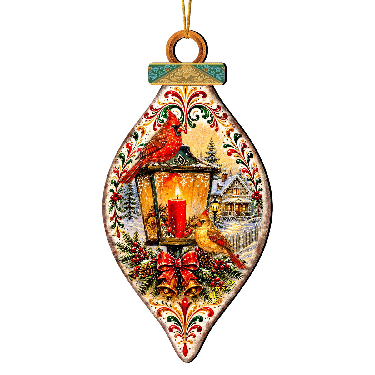 Christmas Cardinals Lantern Wooden Ornament – Winter Cardinal Holiday Décor by G. Debrekht – 8652903