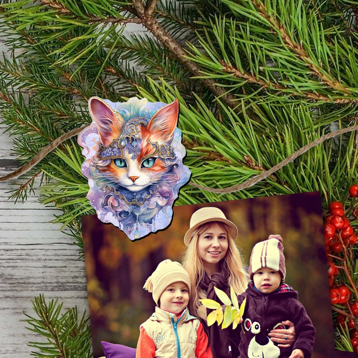Cats Masks Clip-On Eco Wood Decorative Ornaments Set of 6 by G. Debrekht - Christmas Decor - 8090033C-S6
